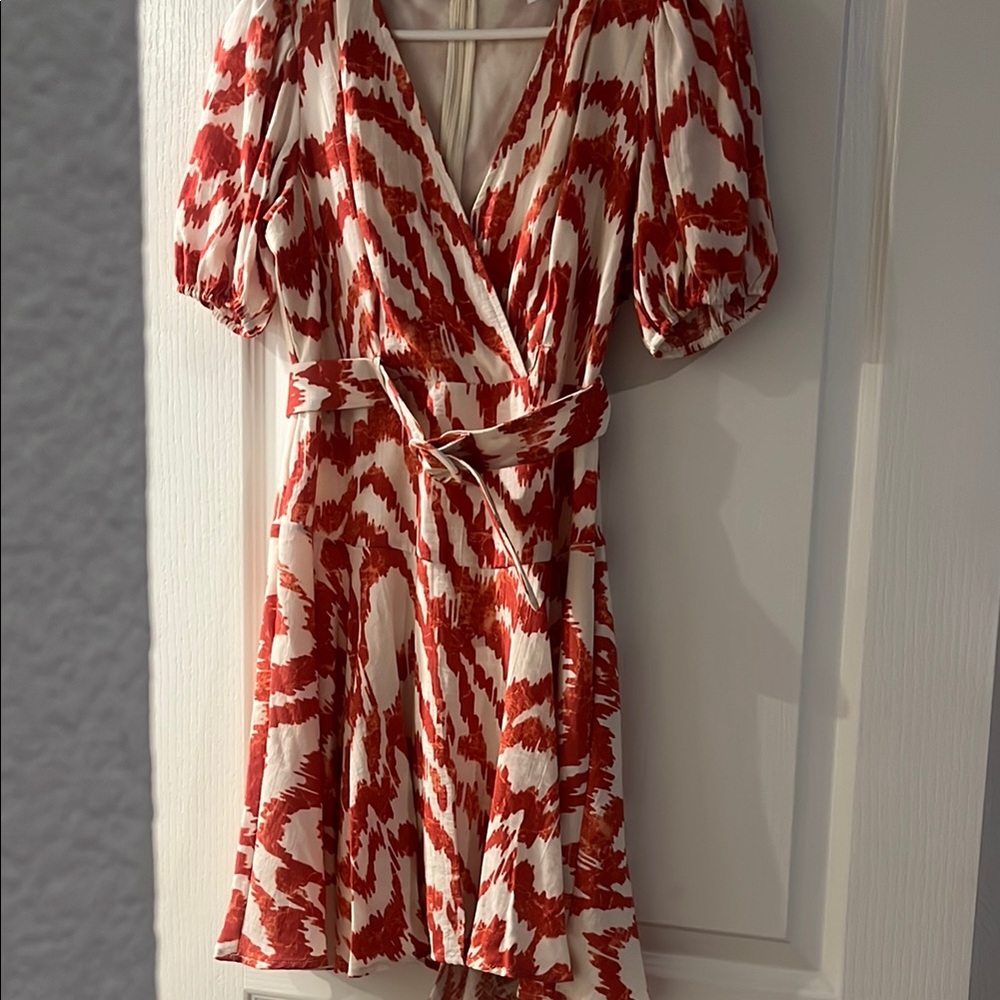 Nine West Red and White Puff Sleeve Mini Dress